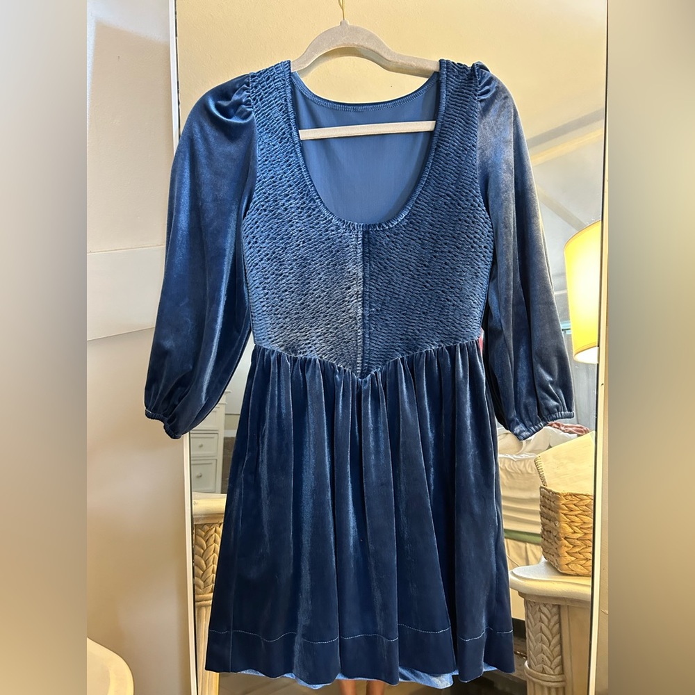 NEW Velvet Balloon Sleeve Babydoll Scoop Neck Smocked Drop Waist Dress S